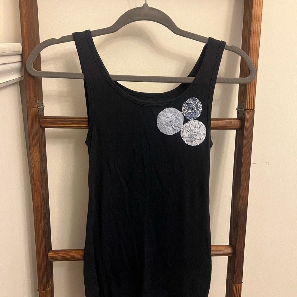 LOFT Black Tank Top with Blue Floral Details